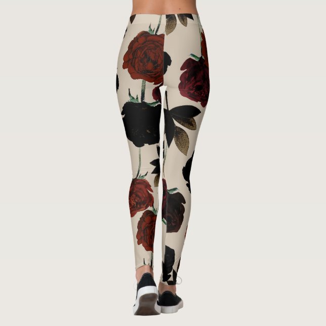 Leggings Fleurs foncées grasses rouges et beige noir botani (Dos)