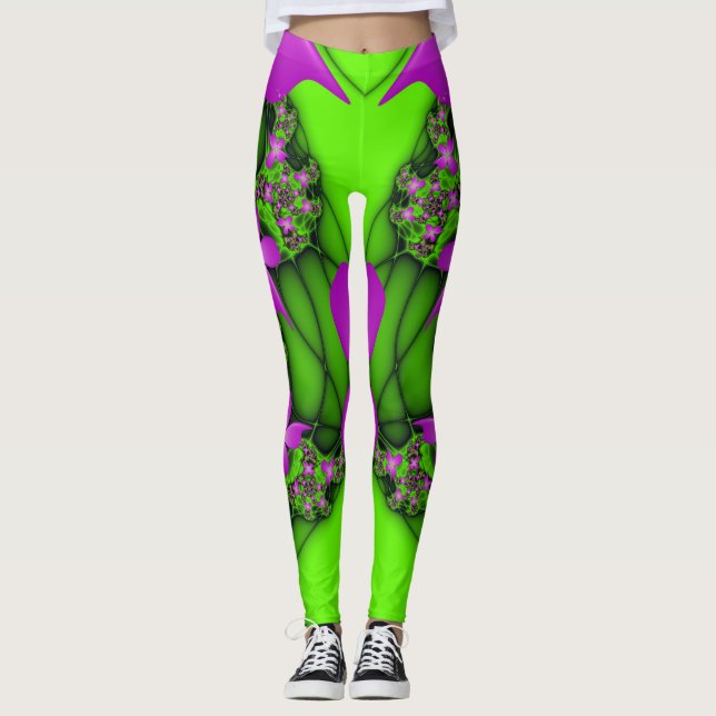 Leggings Fleurs fractales Abstraites de néon rose vert (Devant)