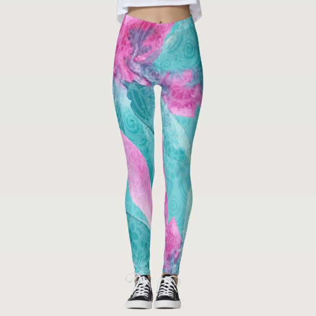 Leggings Fleurs hawaïennes Abstraites turquoise rose (Devant)