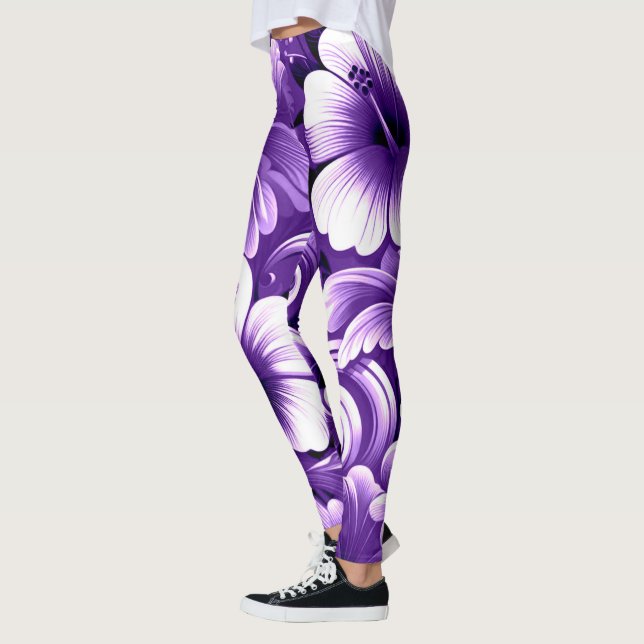 Leggings Fleurs hawaïennes tropicales Hibiscus violet blanc (Gauche)