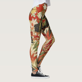 Leggings FLEURS JAPONAISES ANCIENNES Rouge Vert Noir Floral