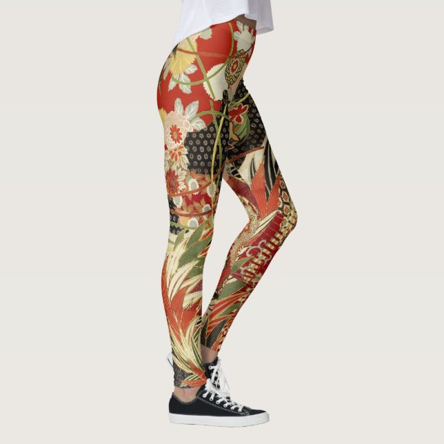 Leggings FLEURS JAPONAISES ANCIENNES Rouge Vert Noir Floral (Droite)