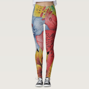 Leggings fleurs jaune rouge bleu audacieux motif floral