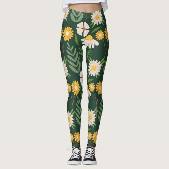Leggings Fleurs jaunes avec feuilles vertes (Devant)