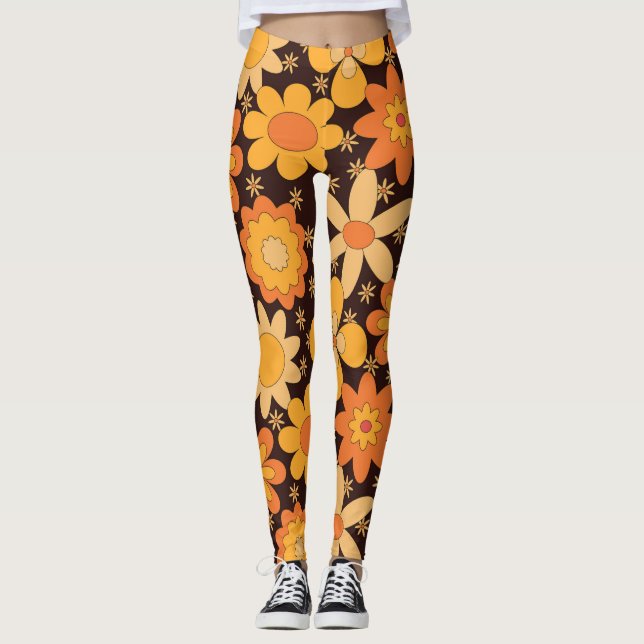 Leggings Fleurs jaunes et orange rétro funky  (Devant)
