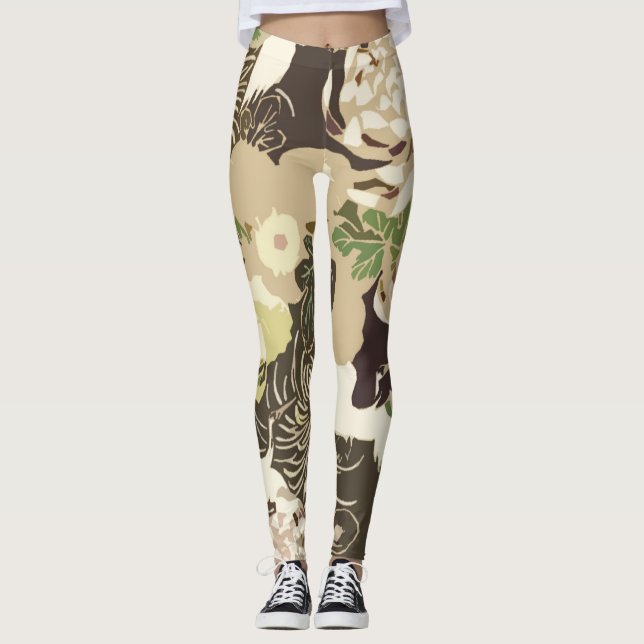 Leggings Fleurs marron vintage et beige et oiseaux (Devant)