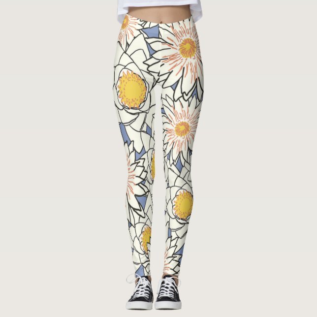 Leggings Fleurs modernes rétro adorables l Bleu et blanc (Devant)