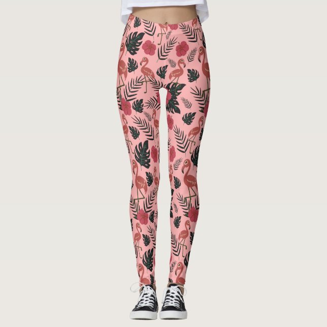 Leggings Fleurs motifs et feuilles flamands roses (Devant)