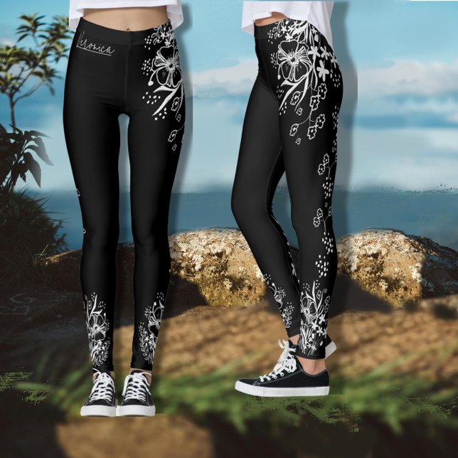 Leggings Fleurs noir et blanc dessinées à la main   (Black and White Floral Pattern Leggings)