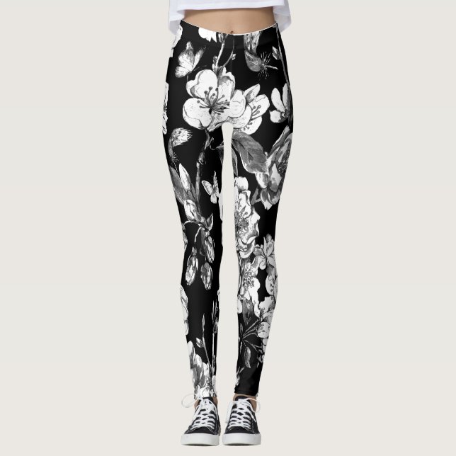 Leggings fleurs noires et blanches (Devant)