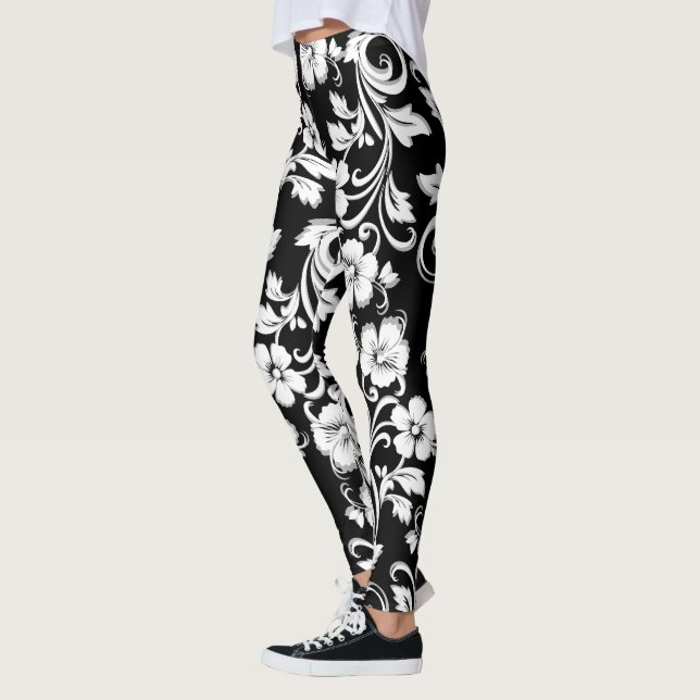 Leggings Fleurs noires et blanches modernes Filigree artwor (Gauche)