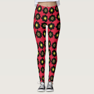 Leggings Fleurs noires fond rouge Fleurs scandinaves 