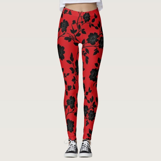 Leggings Fleurs noires rouges (Devant)