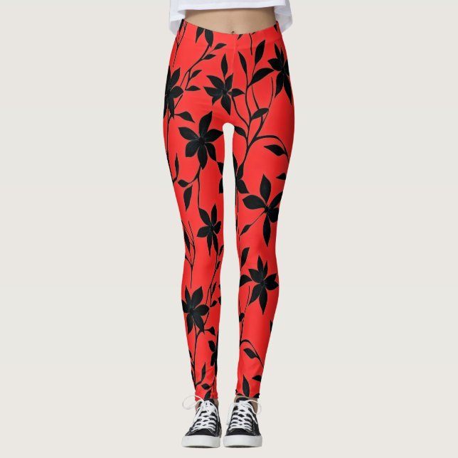 Leggings Fleurs noires rouges (Devant)