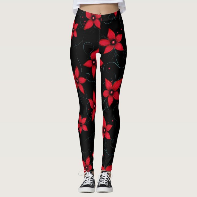 Leggings Fleurs noires rouges classiques (Devant)