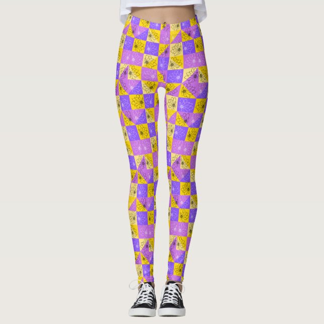 Leggings fleurs noires sur rose violet et or abstrait (Devant)