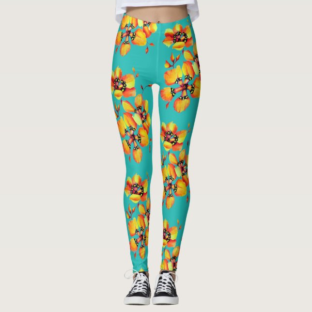 Leggings Fleurs Orange Lumineuses - Aqua (Devant)