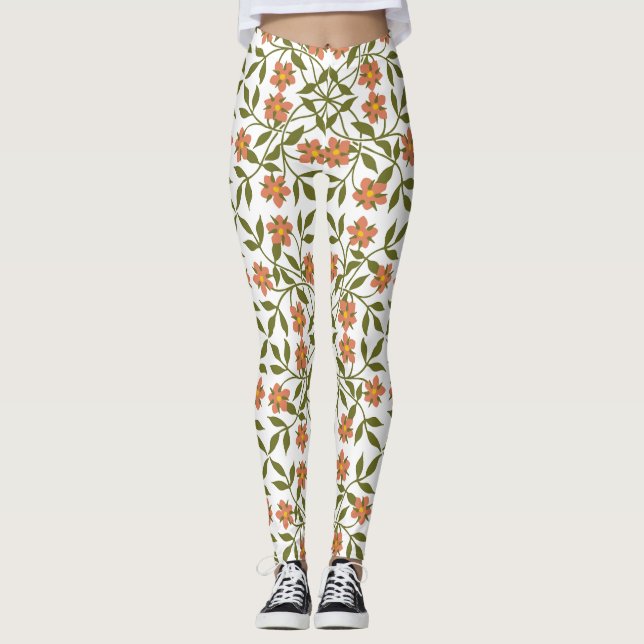 Leggings Fleurs orange, Motif Floral, Verdure, Boho (Devant)
