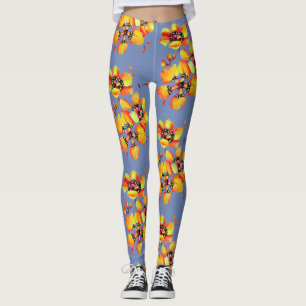 Leggings Fleurs orange vif - gris bleu