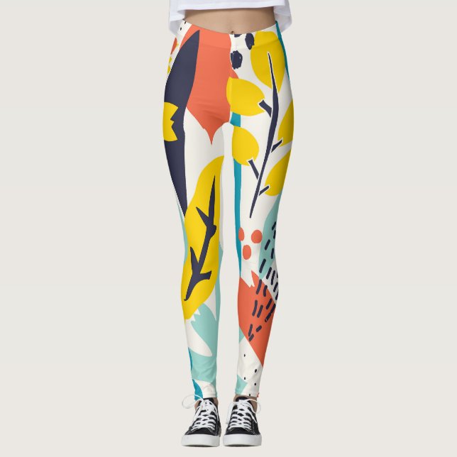 Leggings Fleurs peintes à la main, motif sans couture feuil (Devant)