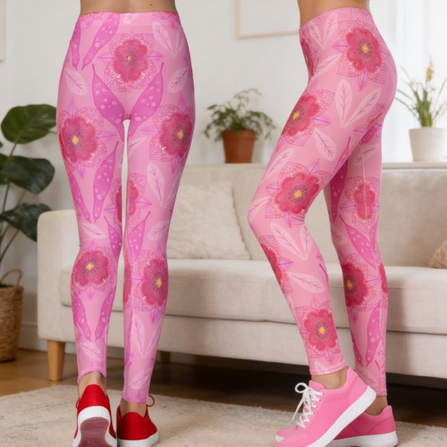 Leggings Fleurs peintes à la main rose (Bright blooms and leaves dancing down your legs. A hand‑drawn style that’s all about originality.)