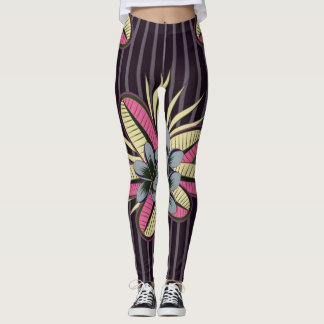 Leggings Fleurs Plumeria stylisées Feuille Violet Grey