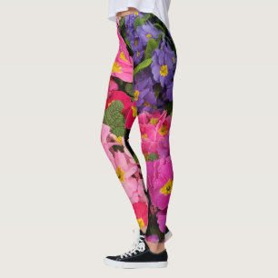 Leggings Fleurs Primules couleur Medley rose bleu violet