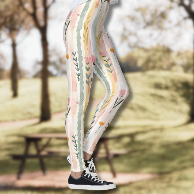 Leggings Fleurs rayées pastel aquarelle vintage (Créateur téléchargé)