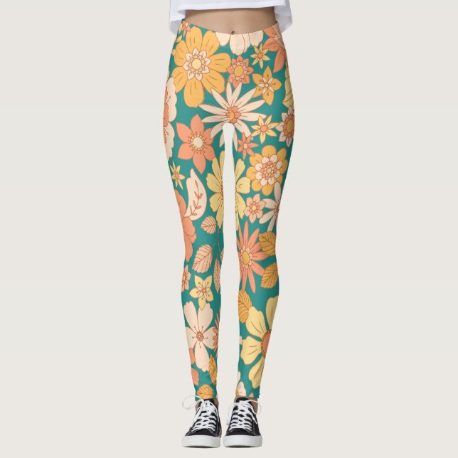 Leggings fleurs rose et orange motif (Devant)