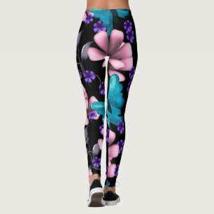 Leggings Fleurs rose fantaisistes et papillon bleu sans cou