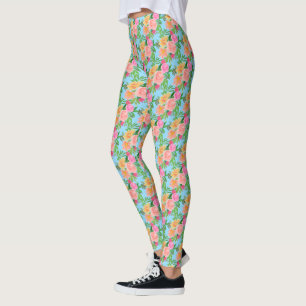 Leggings Fleurs roses aquarelles tendance sur fond bleu cla
