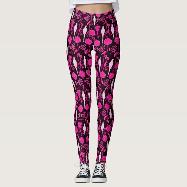 LEGGINGS FLEURS ROSES ART DÉCO, PAROIS BLANCS SUR NOIR (Devant)