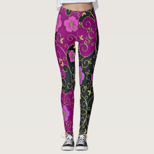 Leggings Fleurs Roses Élégantes Avec Feuilles Or Et Fils