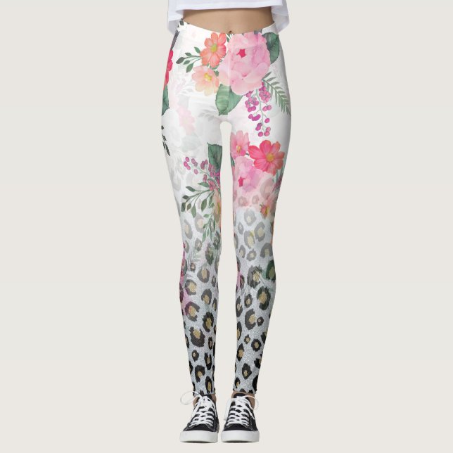 Leggings Fleurs roses Empreintes de léopard noires en argen (Devant)