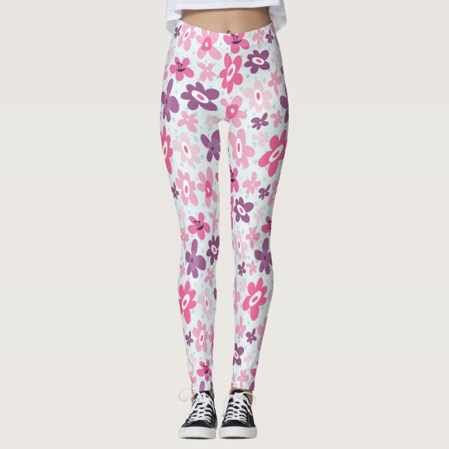 Leggings Fleurs roses et Coeurs Bleus mignons Whimsical (Devant)