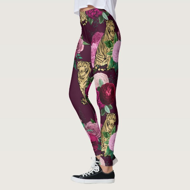 Leggings Fleurs roses et gros chats d'or Imprimer l'entraîn (Gauche)