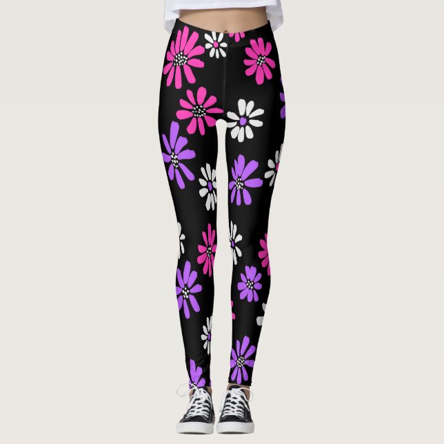 Leggings Fleurs Roses Et Violettes Très Vibrantes (Devant)