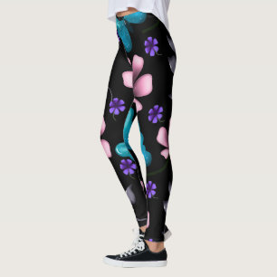 Leggings Fleurs roses fantaisistes et papillon bleu sans co