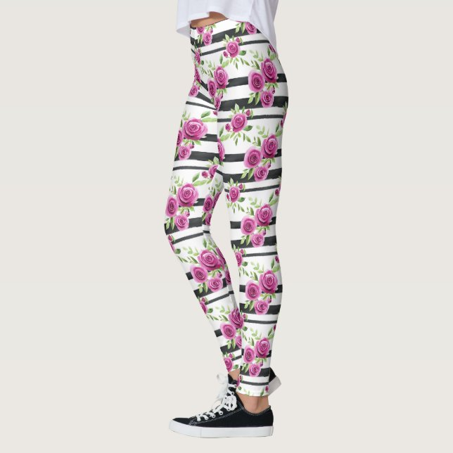 Leggings Fleurs roses rayures noires   (Gauche)
