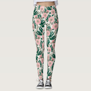 Leggings Fleurs Roses roses et Motif Feuille vert