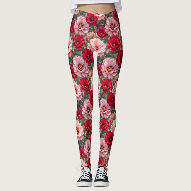 Leggings Fleurs roses, rouges et mauves  (Devant)