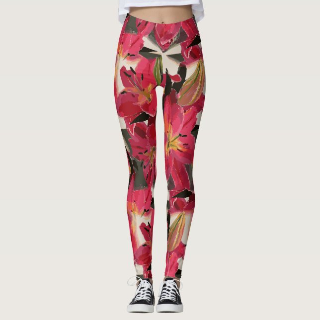 Leggings Fleurs roses rouges Feuilles verts Arrière - plan  (Devant)