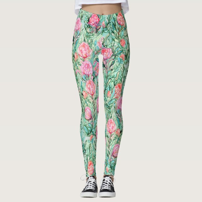 Leggings Fleurs roses, vert sauge, sans soudure. (Devant)
