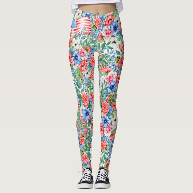 Leggings Fleurs Rouge Blanc Et Bleu 4 juillet Patriotique (Devant)