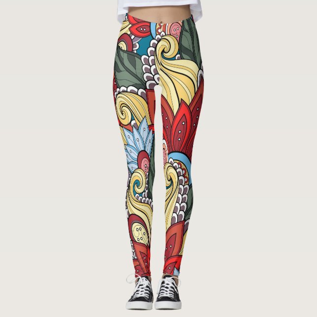 Leggings Fleurs Rouge Jaune Bleu Vert Et Fleurs (Devant)
