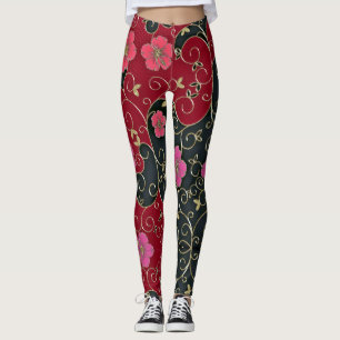 Leggings Fleurs Rouges Élégantes Avec Feuilles Or Et Fils