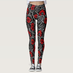 Leggings Fleurs rouges et dentelle noire Motif sans couture