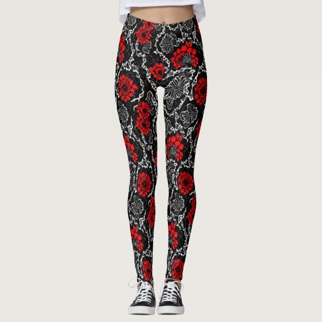 Leggings Fleurs rouges et dentelle noire Motif sans couture (Devant)
