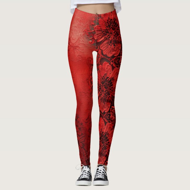 Leggings Fleurs rouges et noires en dentelle (Devant)