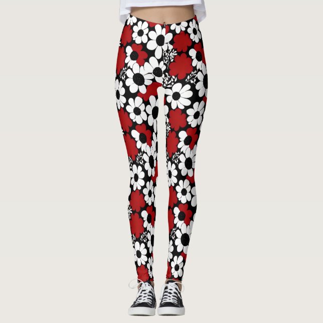 Leggings Fleurs rouges, noires et blanches (Devant)